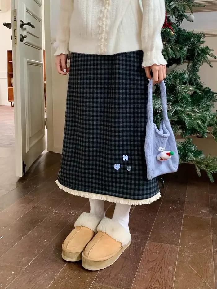 Jupe à carreaux noire de style japonais pour femme