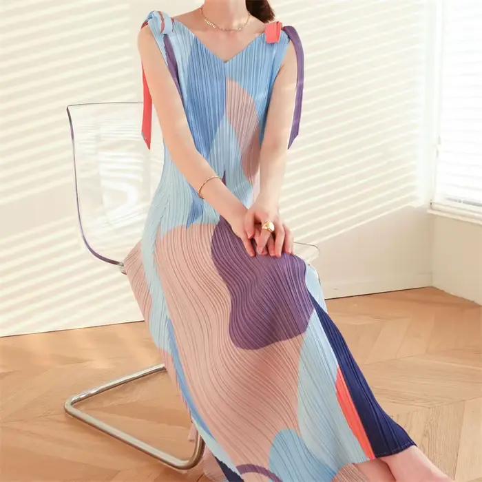 Robes longues robes de soirée sangle Xia Xin imprimé ourlet en forme de A fendu col en v robe ample sans manches ruban longue jupe féerique