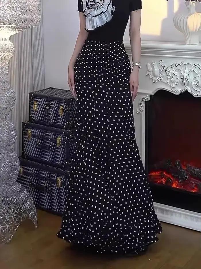 Jupe noire à pois pour femme élégante coupe trapèze effet amincissant sortie nocturne polyester printemps été