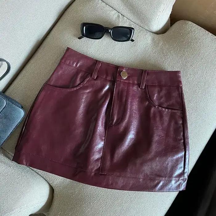 Vin rouge PU jupes en cuir pour femmes Sexy Clubwear hanche enveloppé