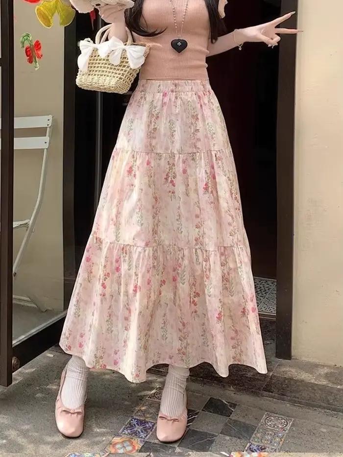 Zoki mignon jupes longues à fleurs femmes élégant taille haute rétro jupe douce japon décontracté ample tout Match