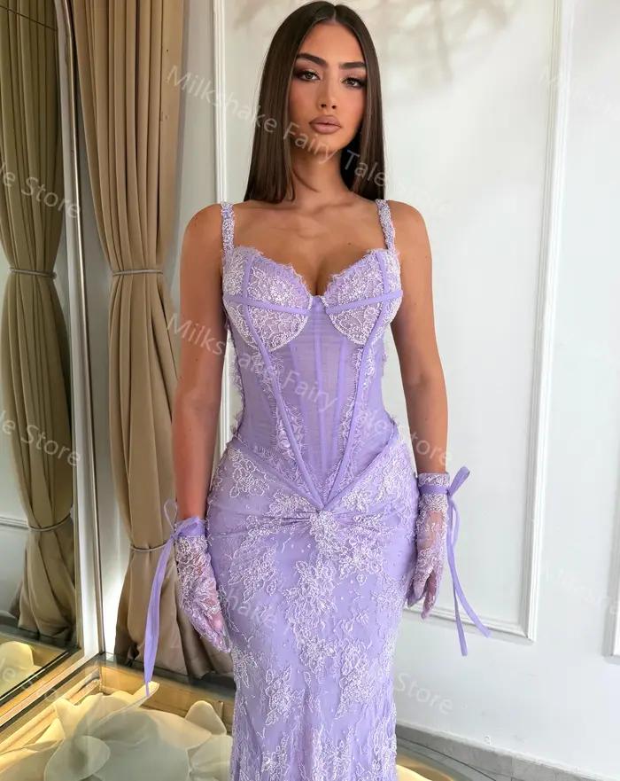 Robes de soirée lavande glamour en dentelle complète sans manches pour femmes, robes de bal longues style sirène, robes personnalisées pour occasions spéciales