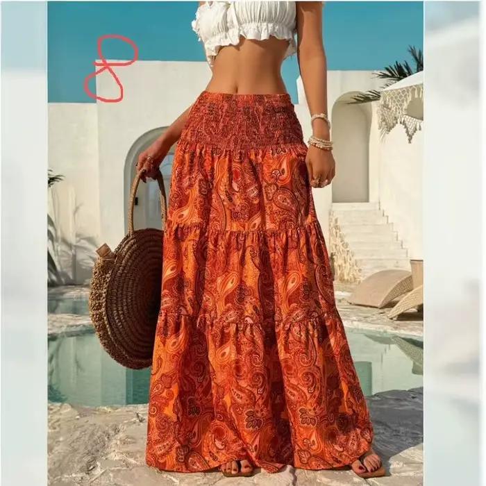 Jupe longue bohème taille haute à imprimé floral pour femme – Nouvelle collection été