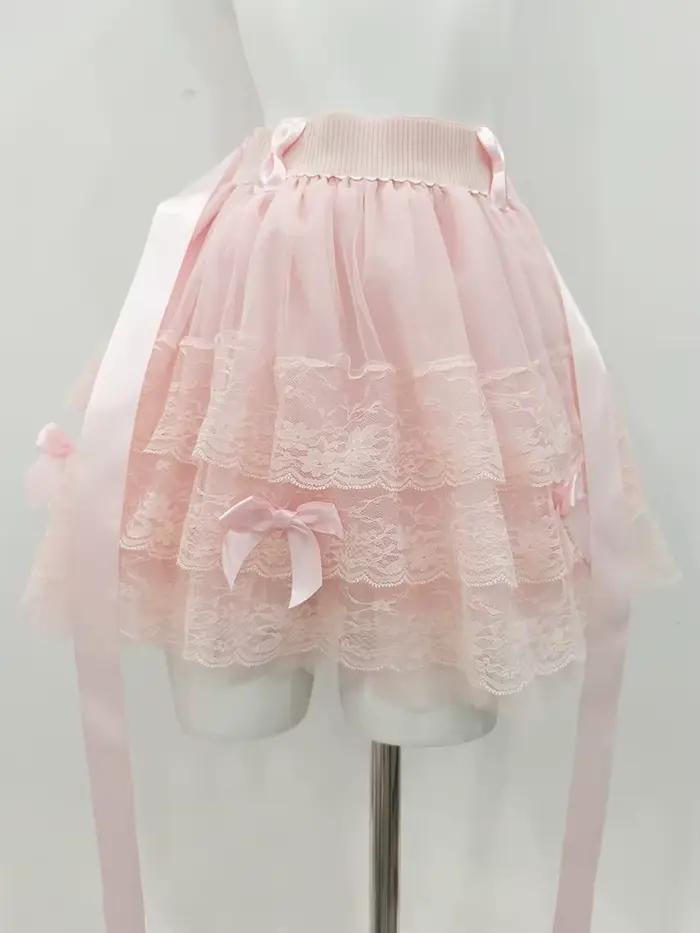 Jupes en dentelle multicouches pour filles douces, rubans d'été, nœuds décoratifs, taille élastique, style Lolita, jupe blanche, vêtements Kawaii