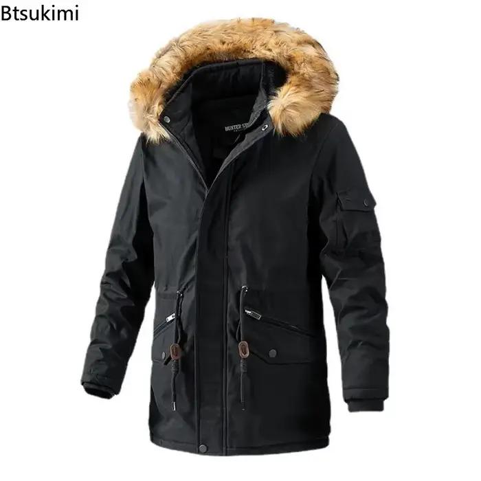 Vestes longues chaudes d'hiver 2026 pour hommes, manteaux en polaire chauds, vestes à capuche avec col en fourrure, vêtements coupe-vent pour hommes, parkas d'hiver pour hommes