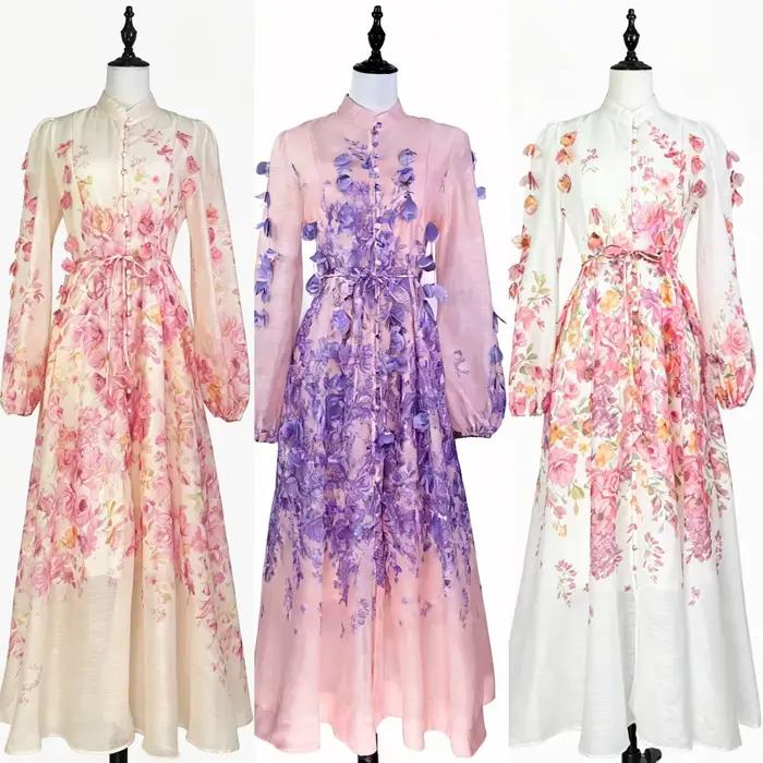 Robe longue élégante style urbain avec manches lanternes, col montant à bouton unique, imprimé floral, sensation haut de gamme pour femmes
