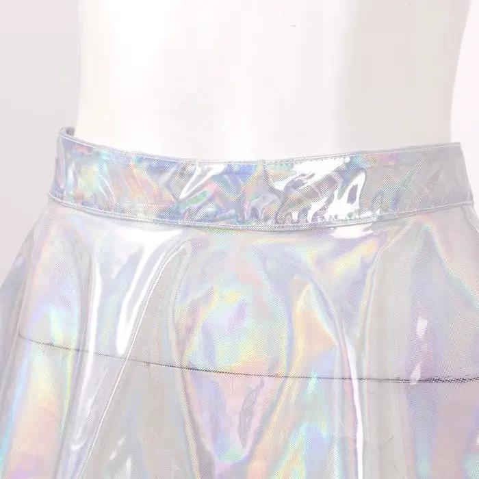 Sexy Club Rave a-ligne Mini jupe E fille Punk fée femmes brillant taille haute fermeture éclair dos transparent