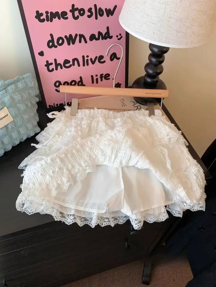 Jupe tutu blanche en dentelle avec nœud pour femme, jupe courte bouffante anti-exposition d'été, taille haute, coupe trapèze ajustée