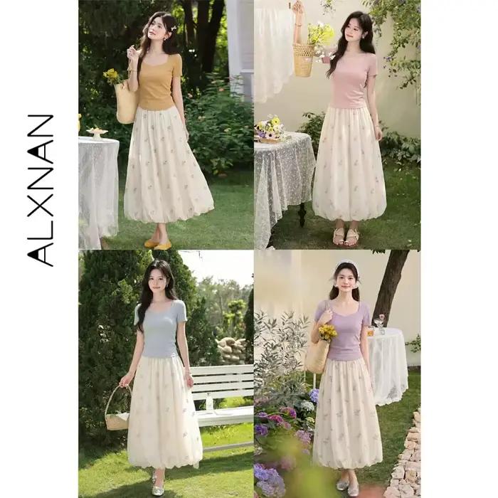 Jupe longue brodée florale ALXNAN pour femme, taille haute, élégante, tendance, pour les vacances, collection 2026, L66263A