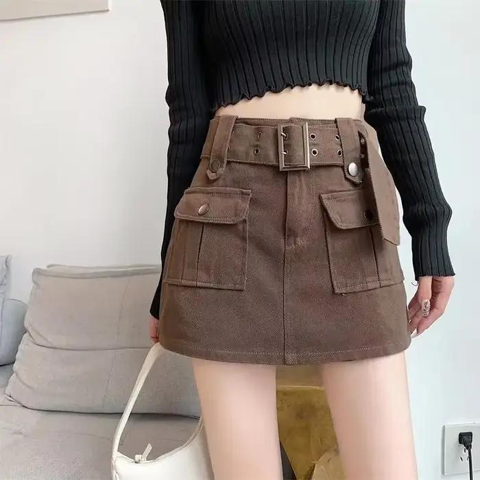 2025 nouvelle mode jupe Cargo femmes avec ceinture taille haute printemps et automne a-ligne Streetwear Denim jupes femme