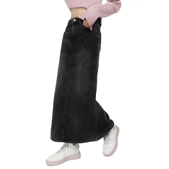 Jupe mi-longue en jean épais doublée polaire taille haute