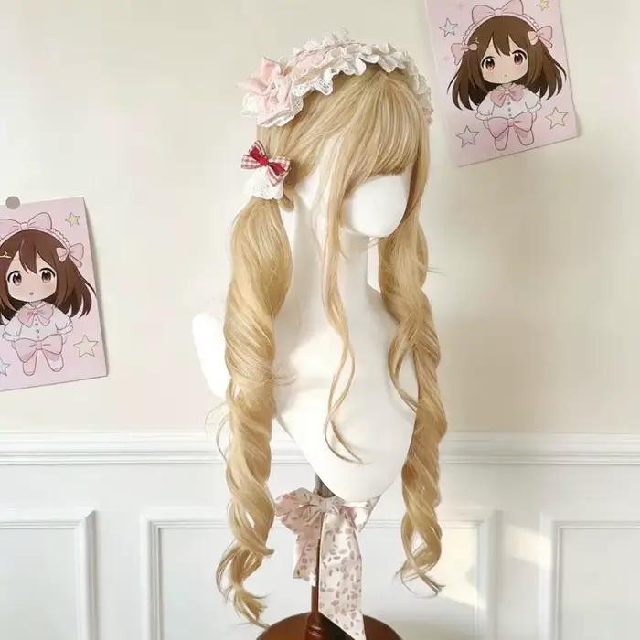 Perruque longue blonde double queue de cheval style Lolita avec frange, boucles princesse, synthétique, noire et marron, pour fille, cosplay, Halloween, Harajuku