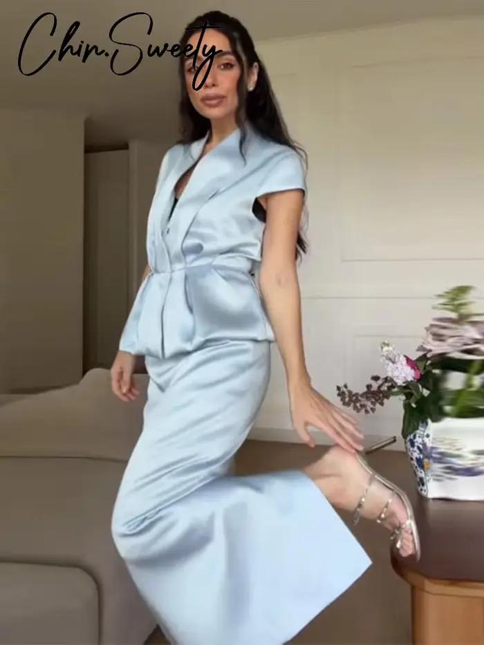 Nouvel ensemble jupe et blazer urbain pour femme : haut plissé sans manches à col en V