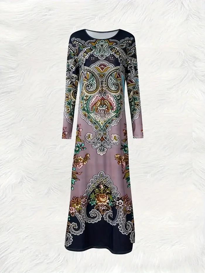 Robe à manches longues style ethnique décontractée mi-longue pour femme, mode automne-hiver, coupe trapèze, couleur unie, ajustement ample