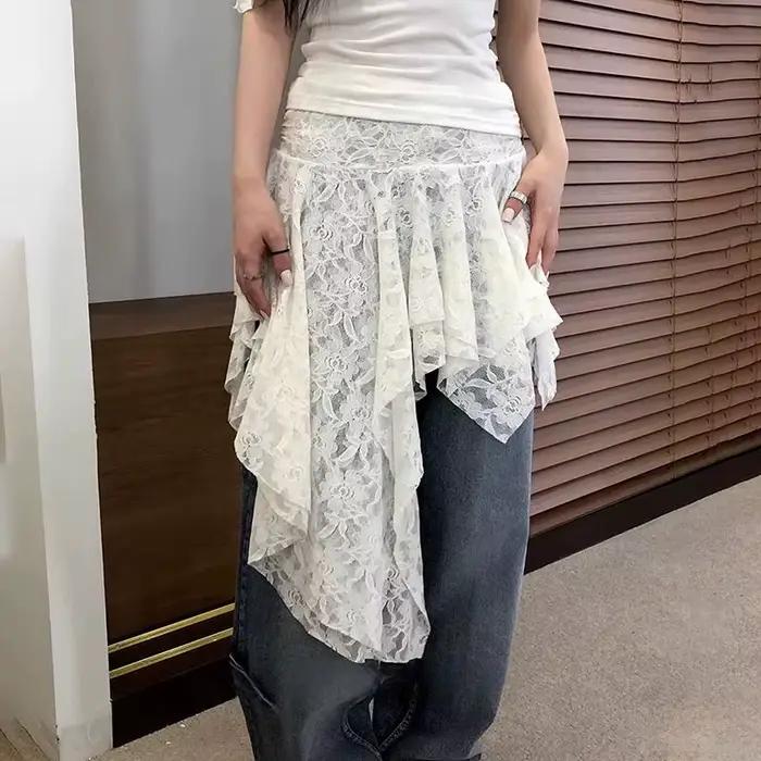 Jupe mi-longue en dentelle superposée de Style français avec ourlet asymétrique