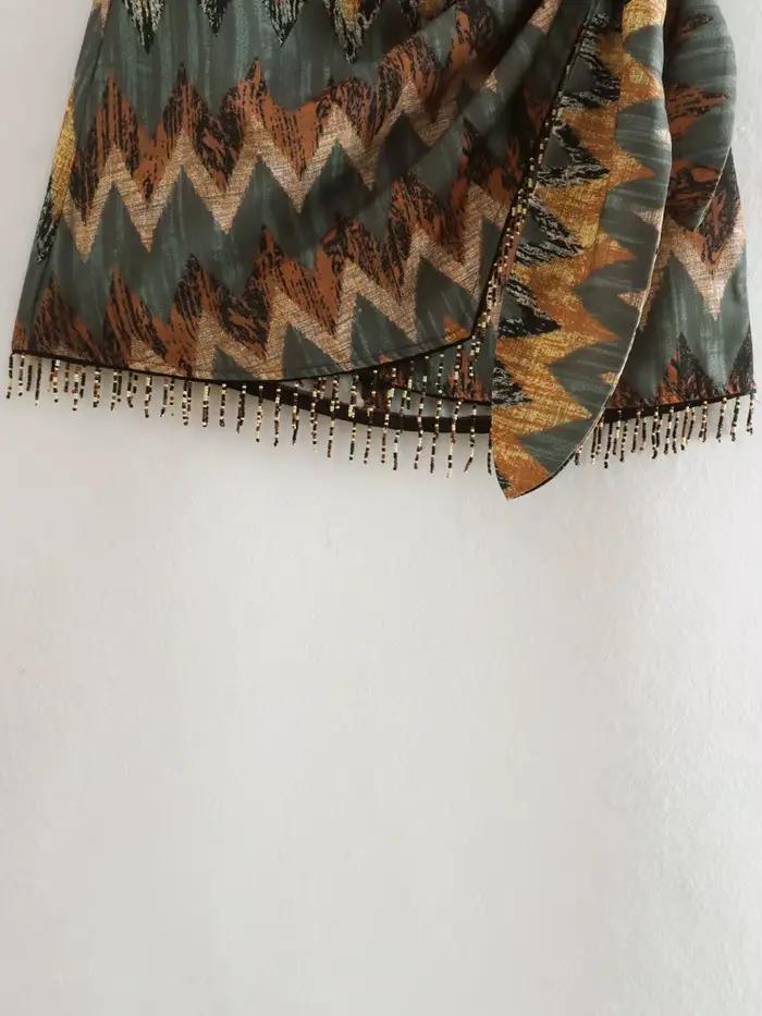 Femmes Vintage imprimé géométrique noué Mini jupe Sarong Faldas Mujer femme perles gland décontracté fermeture éclair robes