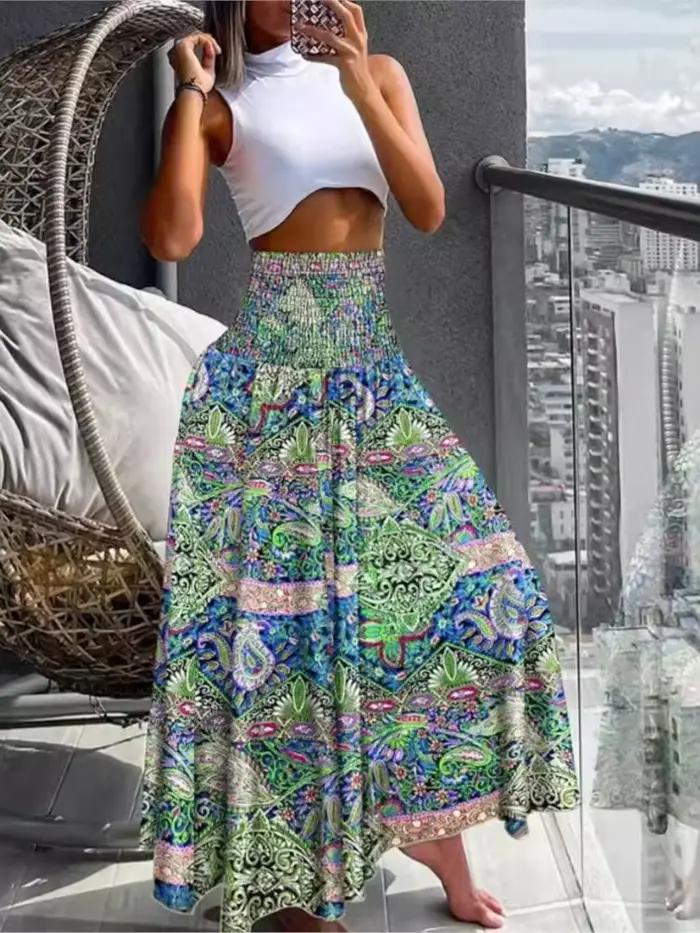 Femmes mode imprimé fleuri jupe décontracté taille haute jupes longues amples