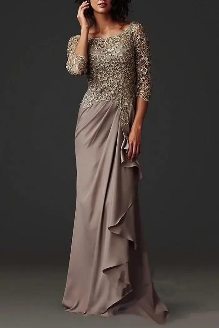 Robes de soirée pour mère de la mariée, marron, col rond, manches 2022, mousseline plissée, dentelle appliquée, robes de soirée formelles du marié, 3/4