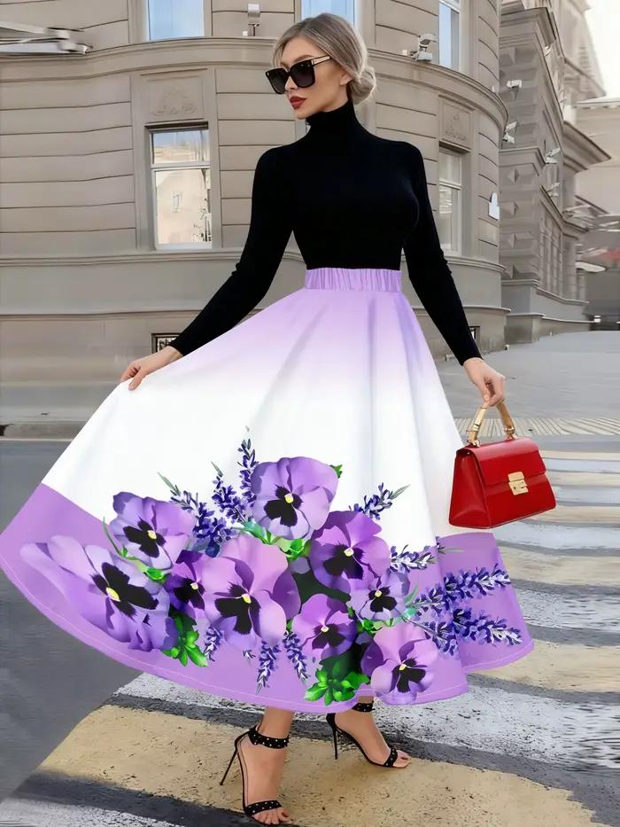 Jupe midi à imprimé floral violet avec feuilles vertes et centre noir