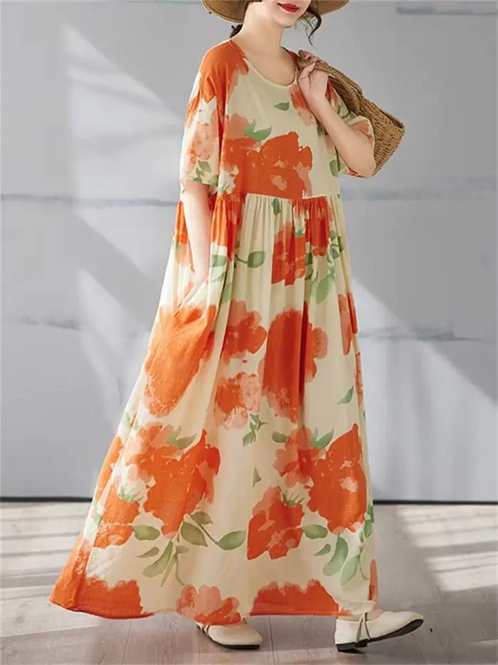 Coton Vintage à manches courtes robes florales pour femmes décontracté ample longue Robe Orange Femme Robe robes élégant vêtements d'été