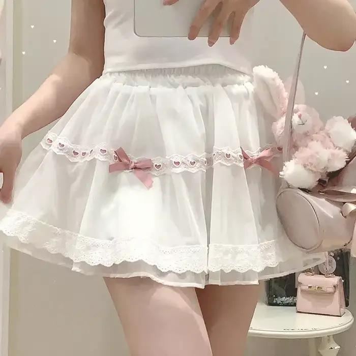 Jupes Mignonnes pour Filles Adorables Été 2026 – Mini-Jupe Femme Style Lolita avec Dentelle et Nœuds Décoratifs, Taille Élastique