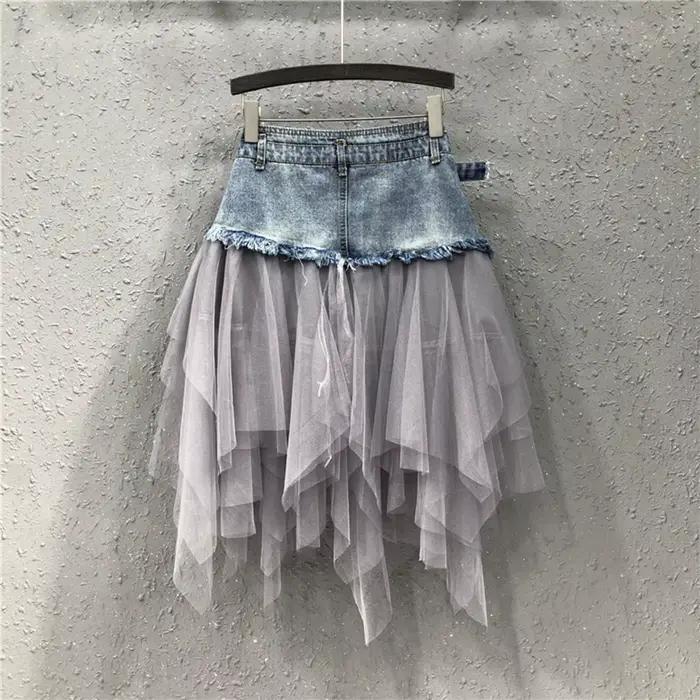 Punk femmes Denim jupes maille Patchwork Jean jupe Y2K taille haute une ligne asymétrique Tulle