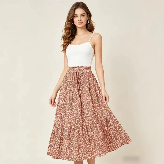 Nouvelle jupe mini évasée taille haute à imprimé floral 2026 pour femme