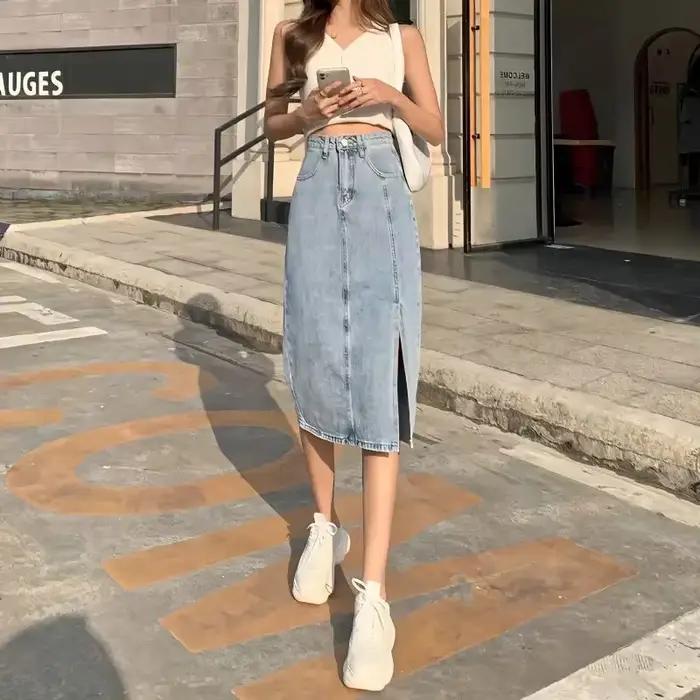 Jupes en jean femme Midi bleu taille haute avec fente jupe