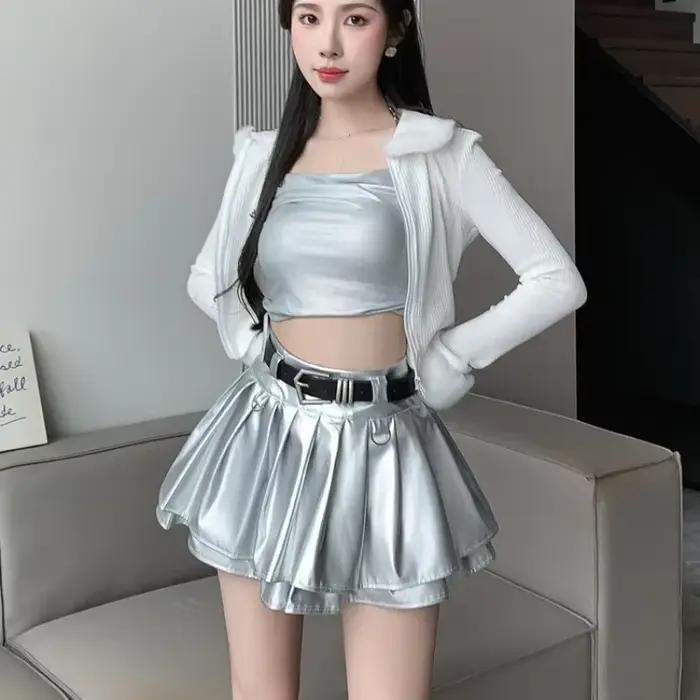 Nouvelles jupes en cuir plissé femmes coréennes taille haute solide a-ligne haute rue mode bases jupe courte femme