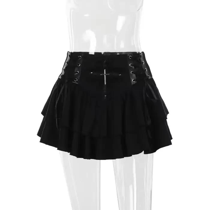 Mini jupe en dentelle noire à lacets croisés pour femmes