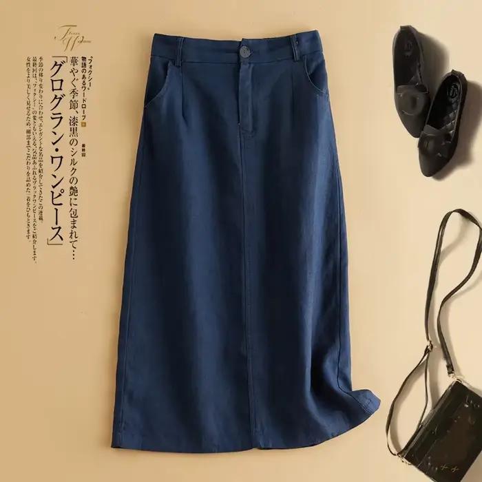 Jupe mi-longue Vintage en coton et lin pour femmes