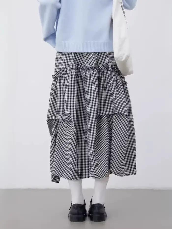 Jupe Femme Chic VEN Taille Haute Coupe Trapèze à Volants Motif Carreaux Noir et Blanc Printemps-Été 2026