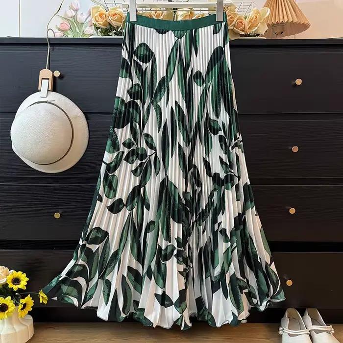 Jupe longue plissée taille haute à imprimé floral vintage pour femmes grandes tailles