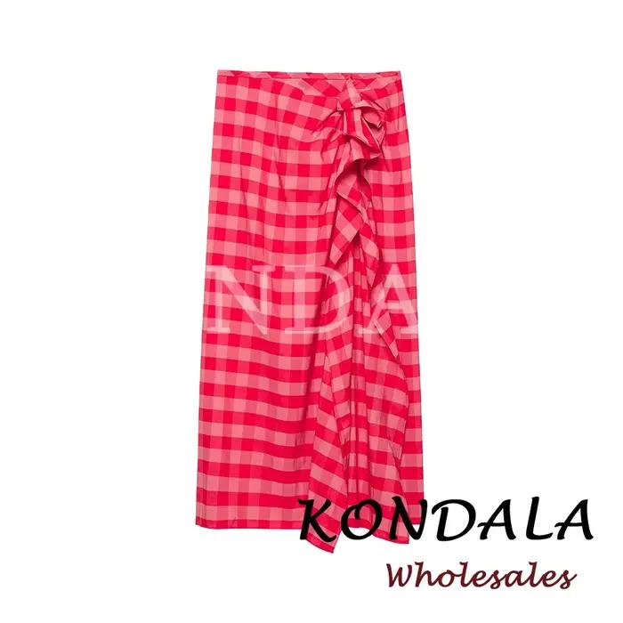 Jupe d'été asymétrique à carreaux rouges KONDALA Chic Streetwear