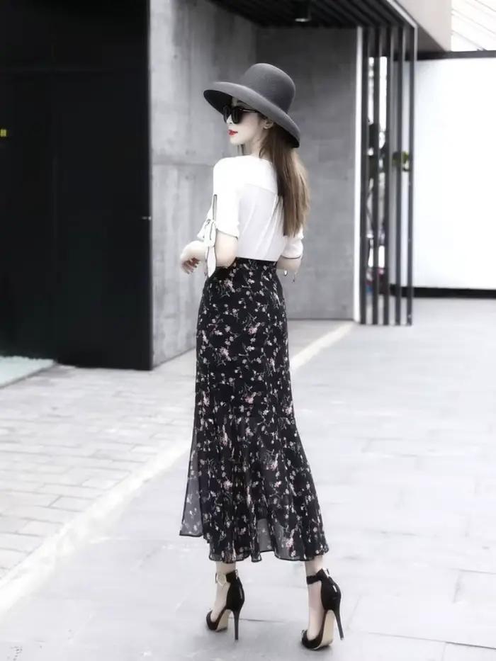 Jupe femme taille haute en mousseline de soie avec fente jupes