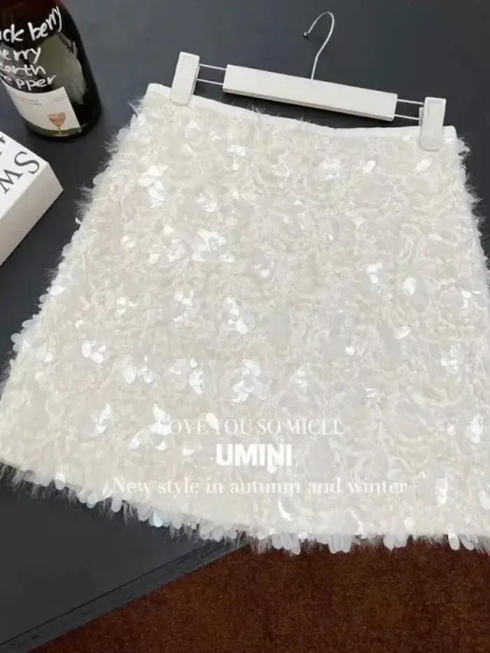 Mode coréenne Mini jupe trapèze femmes paillettes couleur unie