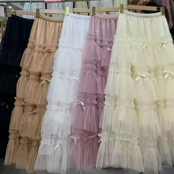 Jupe longue maxi à volants en gaze et dentelle