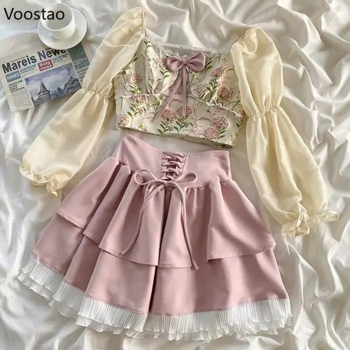 Ensemble jupe Sweet Lolita pour femme, chemisier court à manches bouffantes, mini jupe à volants roses, col carré, nœud français élégant, imbibé
