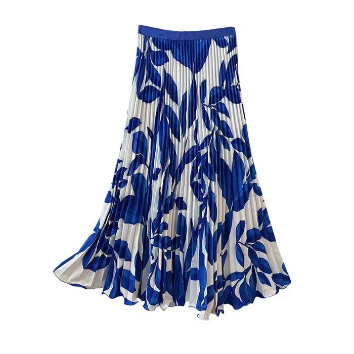 Jupe longue plissée taille haute à imprimé floral vintage pour femmes grandes tailles