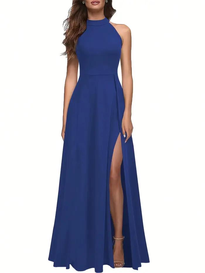 Robe de soirée longue unie à col montant et fente latérale pour femme - Robe de cérémonie élégante et amincissante pour banquets et soirées
