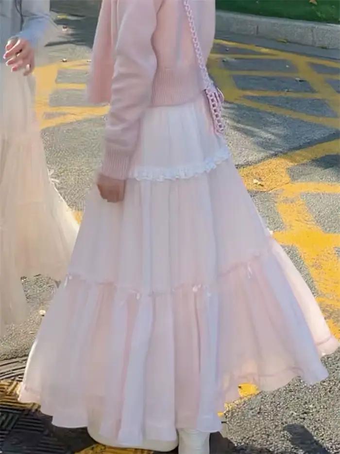Jupes douces femmes nœud dentelle Patchwork élastique taille haute printemps été 2025 mode japonaise élégante jupe longue femme décontracté