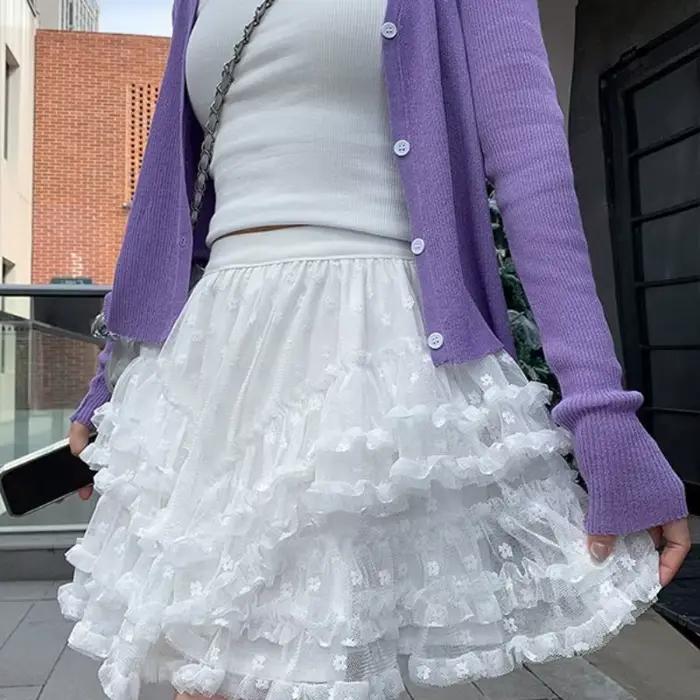 Jupe mi-longue décontractée taille haute en dentelle blanche et maille