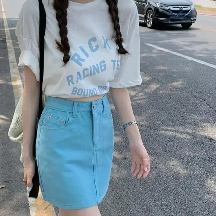 Mini jupe en jean taille haute pour femme avec poche