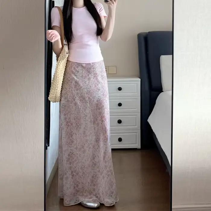Jupe longue florale taille haute style français, nouvelle collection été 2026, coupe ajustée et élégante
