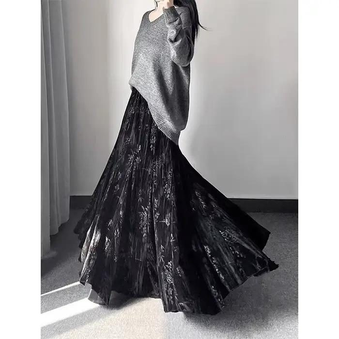 MEXZT Vintage velours jupe longue femmes élégant imprimé noir Maxi jupes hiver Harajuku coréen élastique taille haute une ligne Faldas