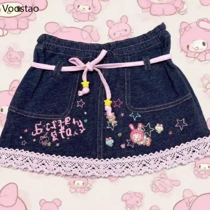 Jupe en jean style Lolita japonais kawaii pour femmes, mini jupe de fête en dentelle, dessin animé doux et mignon, à volants, occassions spéciales printemps été