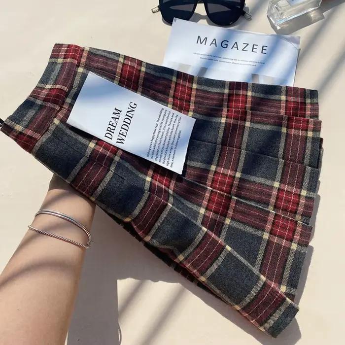 Jupe plissée en mélange de laine à carreaux pour femmes automne hiver taille haute
