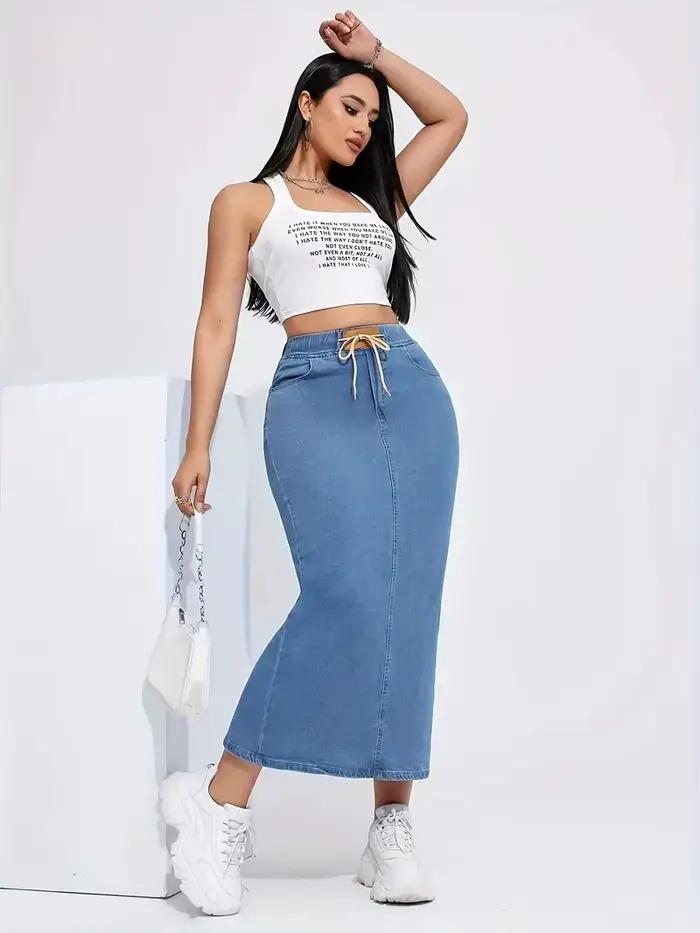 Jupe longue en jean pour femme avec taille élastique