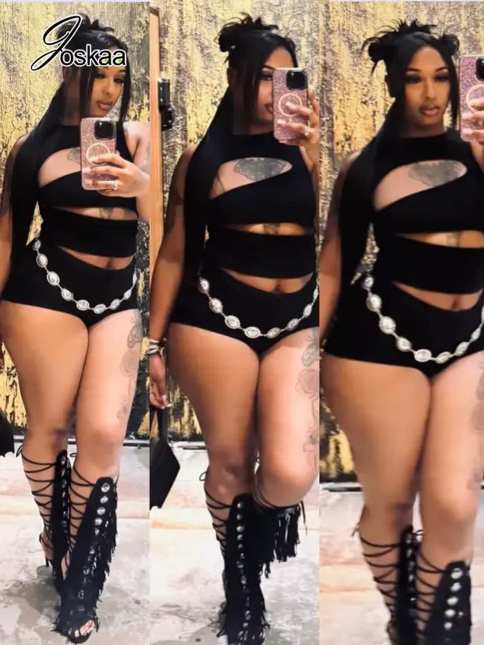 Ensemble décontracté côtelé 2 pièces Joskaa pour femme – Nouveauté été 2026 – Débardeur sexy ajouré + short assorti – Tenue de plage et streetwear