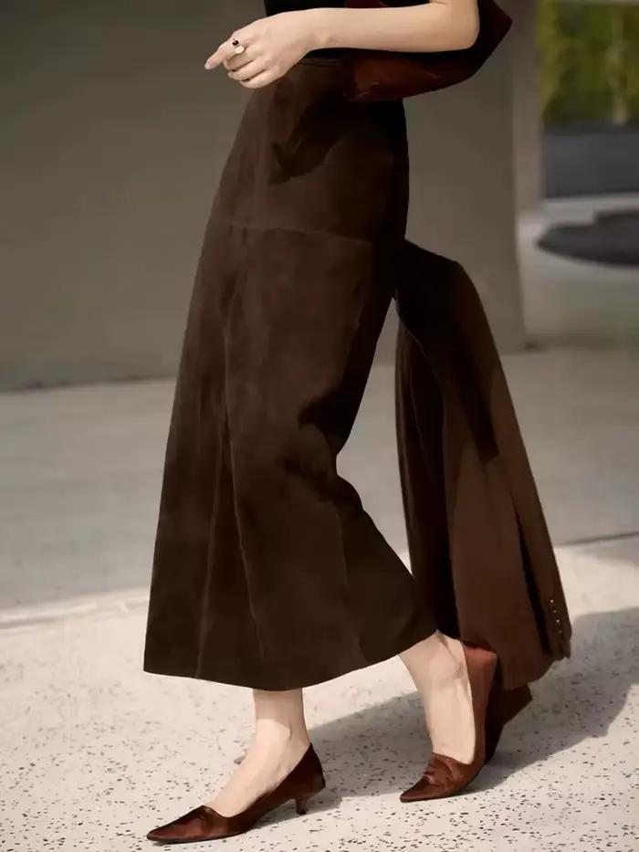 Jupe longue rétro en daim et cuir véritable pour femmes